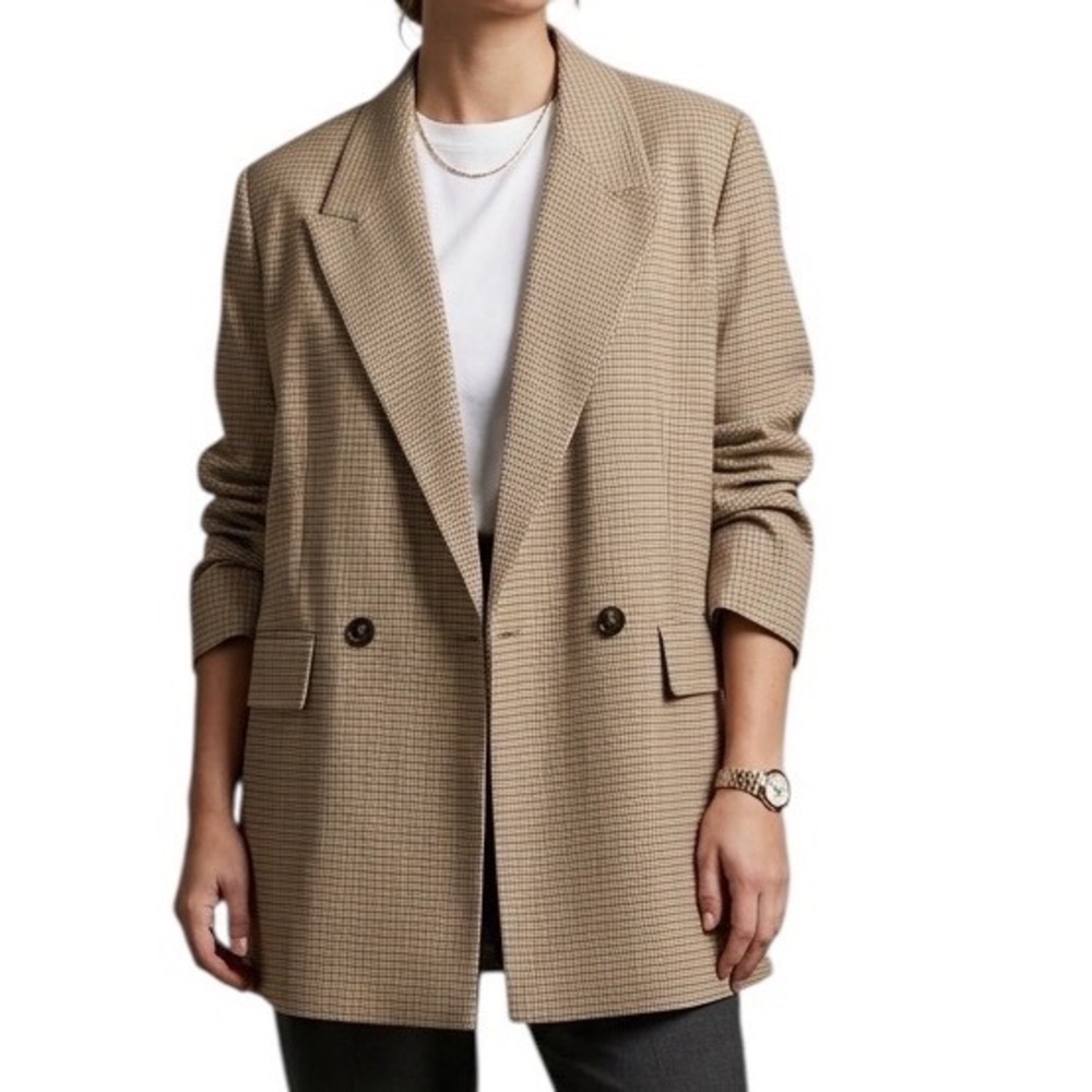 H&M Womens Oversized Double Breasted Houndstooth Blazer Tan Brown Size M NEW